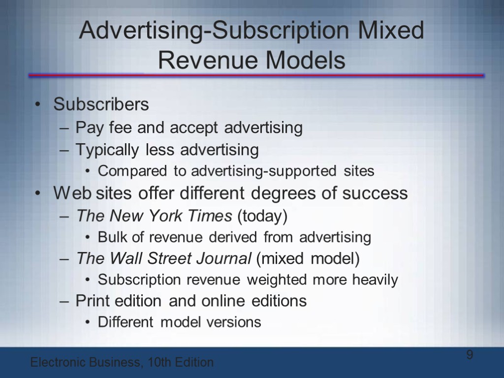Advertising-Subscription Mixed Revenue Models Subscribers Pay fee and accept advertising Typically less advertising Compared